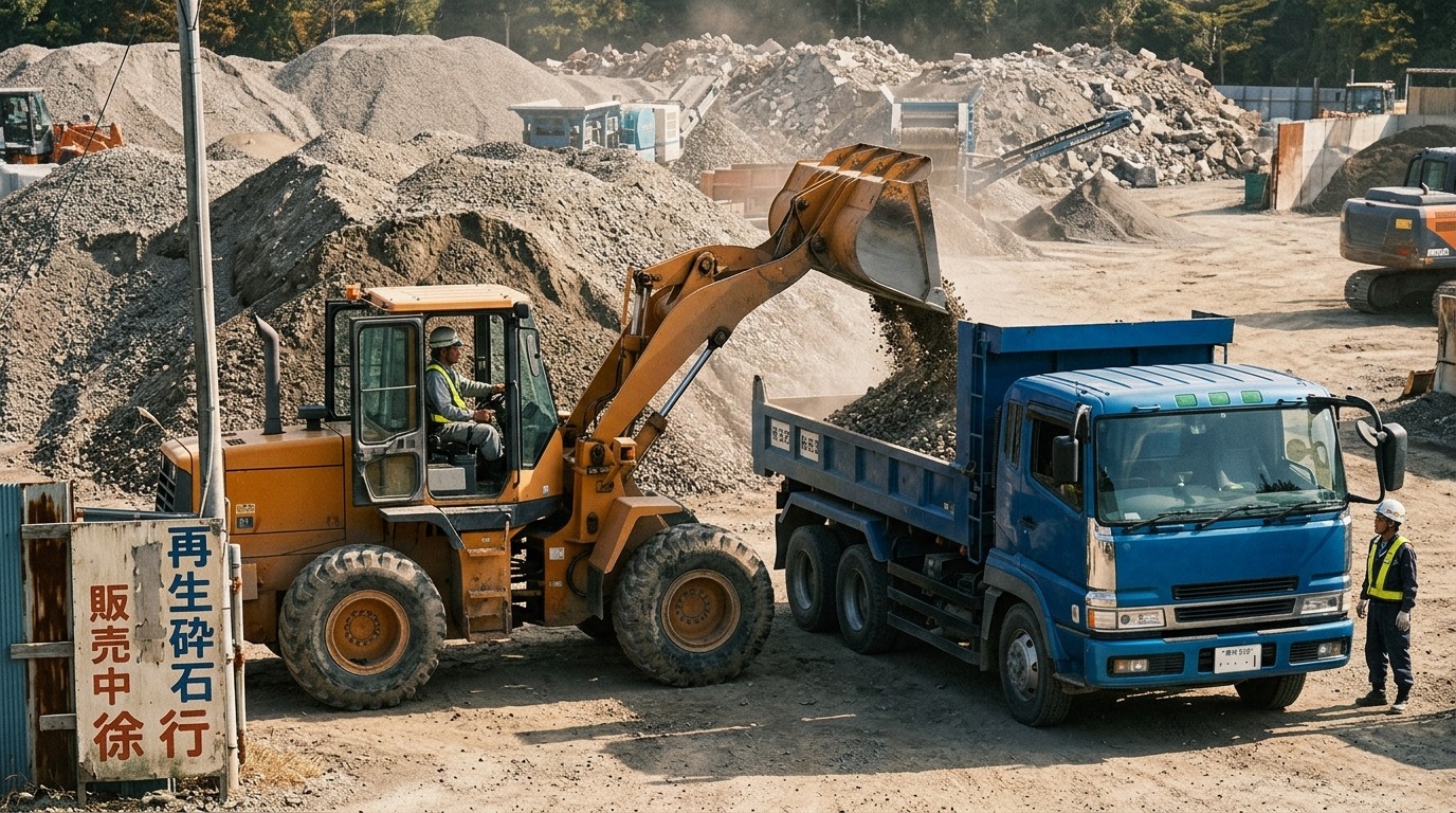 再生砕石をダンプトラックに積み込んでいる様子