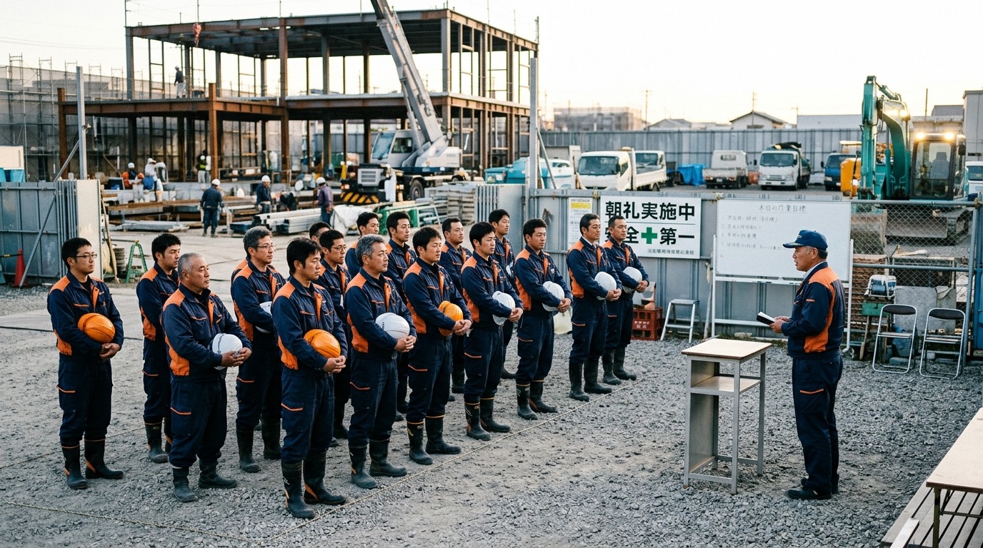 ヘルメットを持った作業員が整列し現場監督が話す朝礼の風景