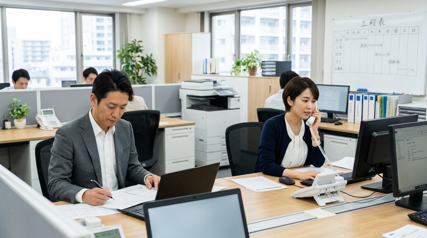 建設会社の事務所内でスタッフが電話対応や書類作成をしている様子