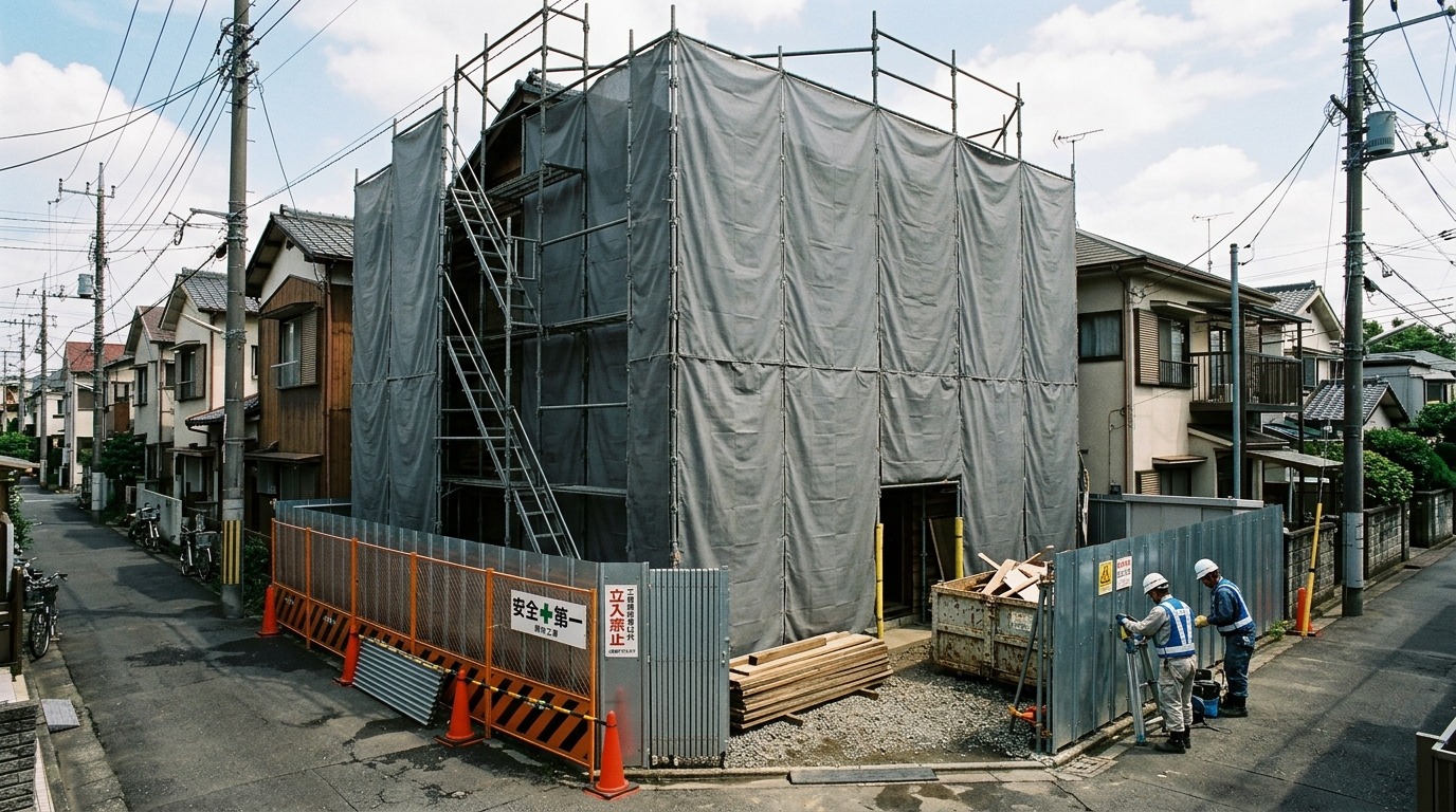 防音シートで養生され解体準備が整った木造二階建て住宅の現場