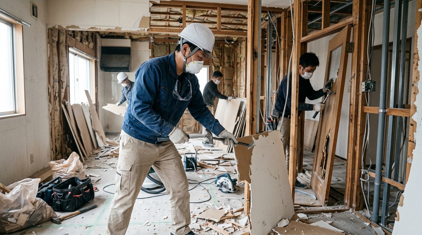 内装解体で石膏ボードや建具を手作業で取り外している作業員