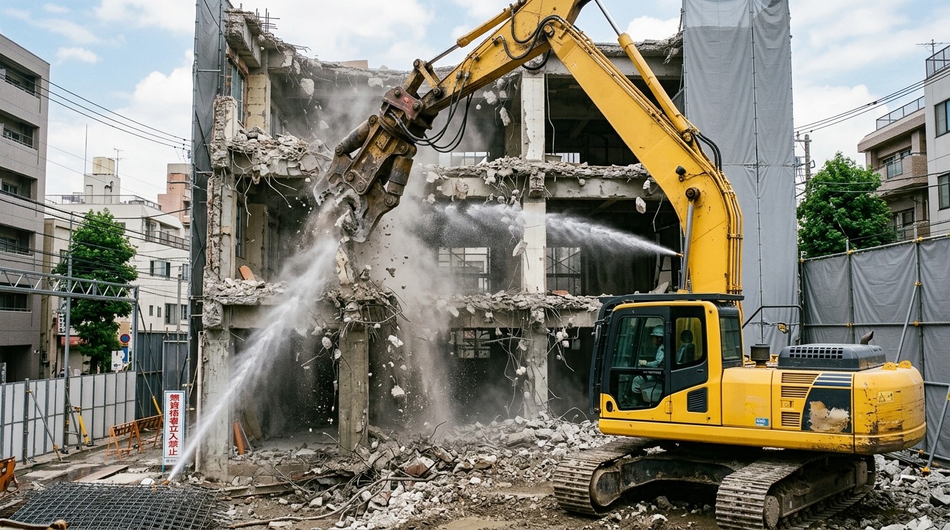 鉄筋コンクリート造の建物を大型解体機で圧砕解体している様子