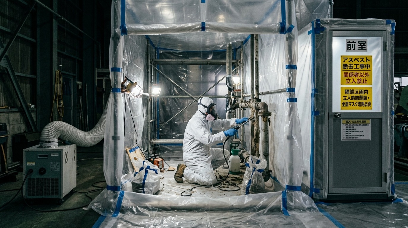 隔離養生された区画で防護服を着用してアスベスト除去作業を行う様子