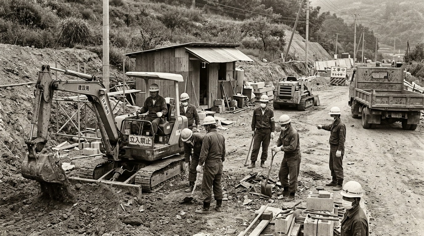 1970年代の土木工事現場を想起させるセピア調の記録写真