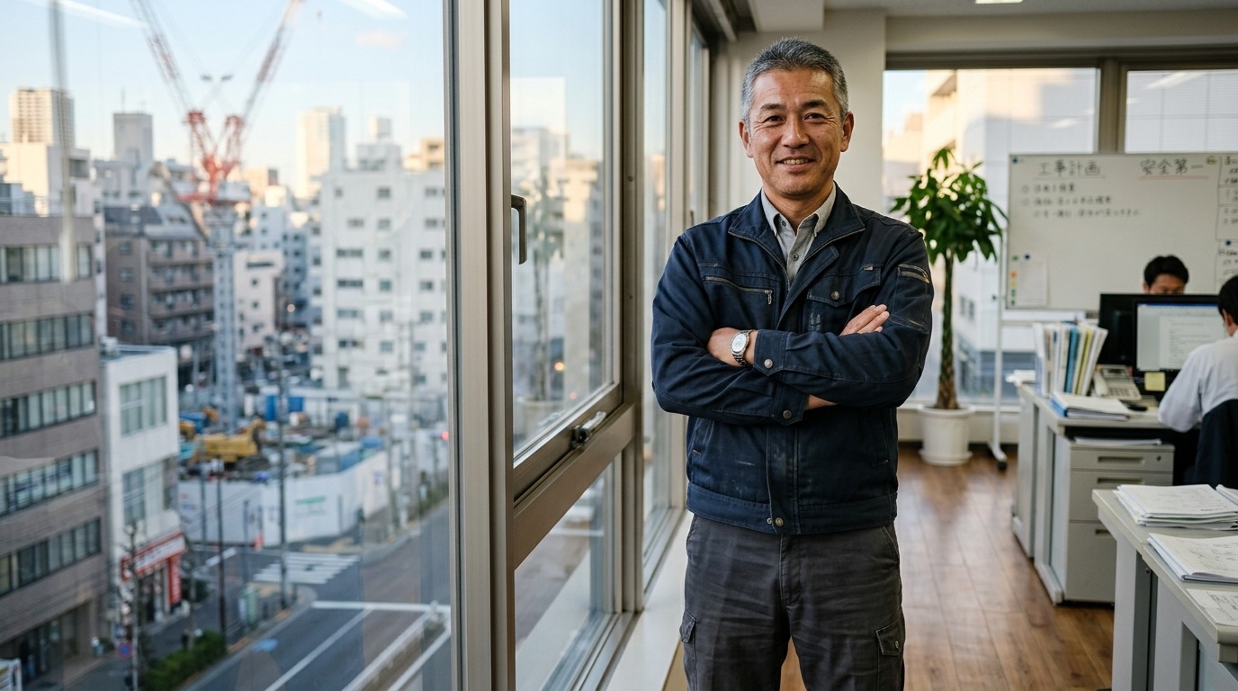 事務所の窓際で正面を見る代表取締役社長