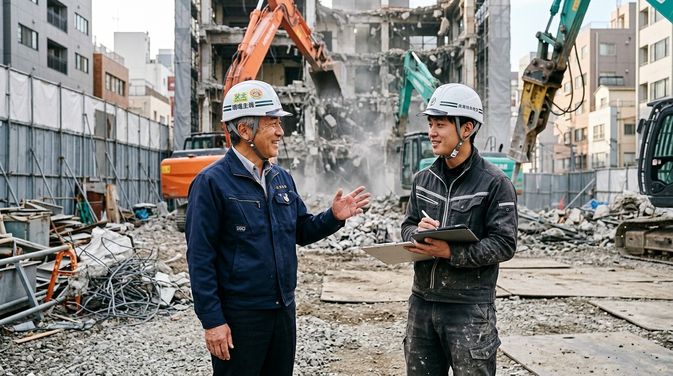解体現場を背にして若手作業員と立ち話をする代表