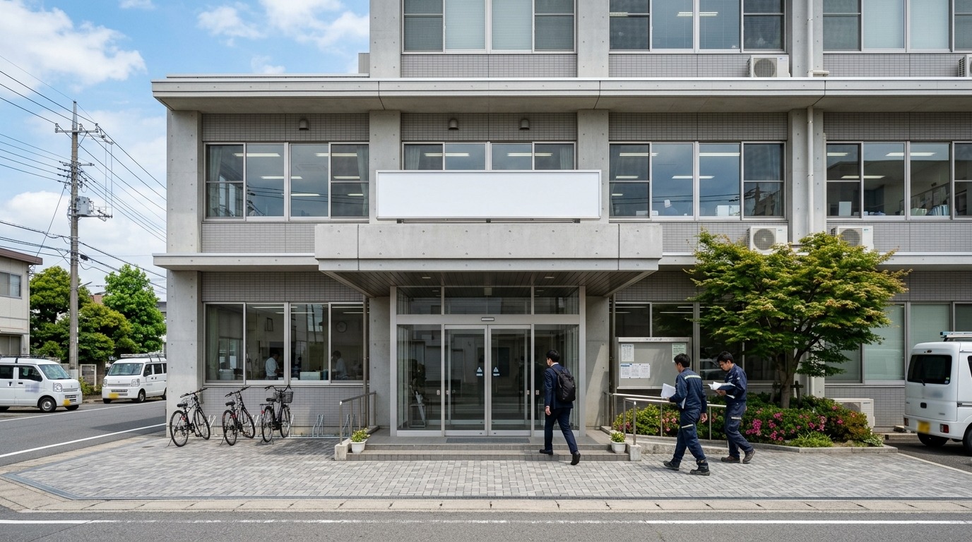 本社社屋のエントランスを正面から捉えた外観