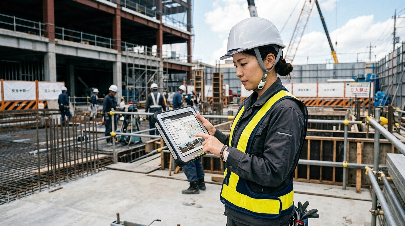 タブレットで現場の進捗を記録する施工管理スタッフ