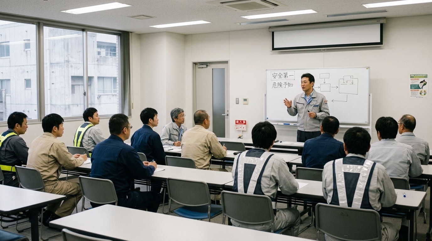 研修室で複数の作業員に安全教育を行う様子