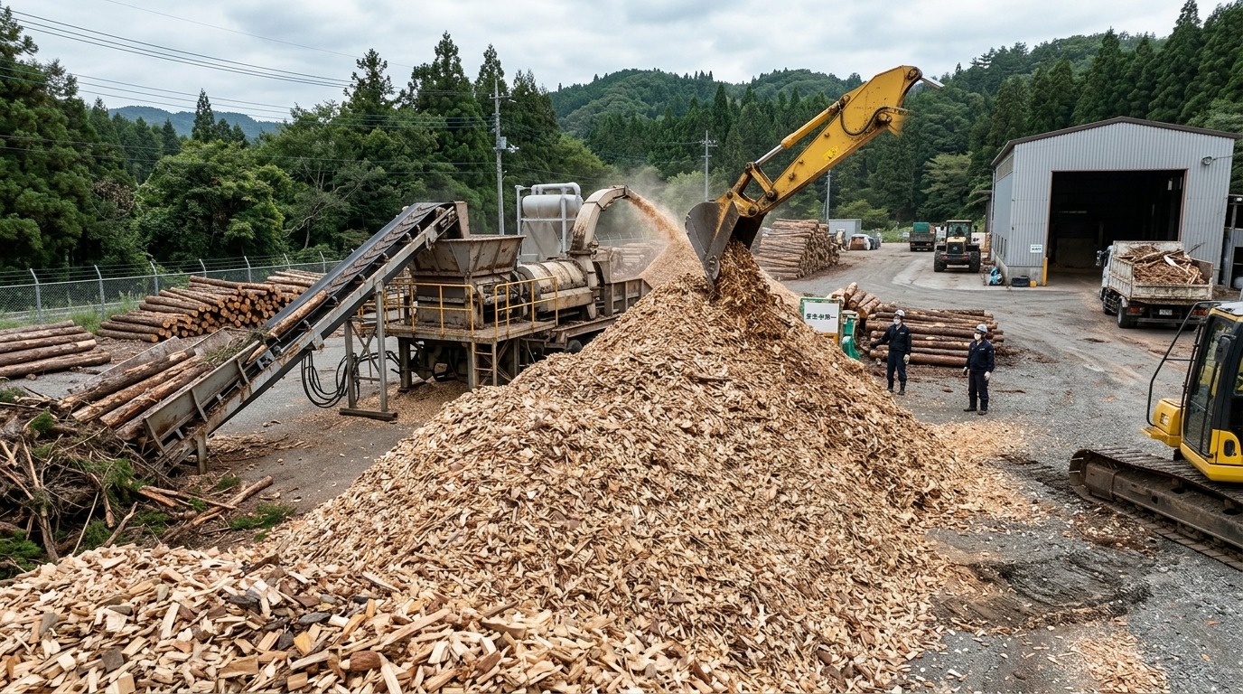 木材チップが山積みになったリサイクルヤード