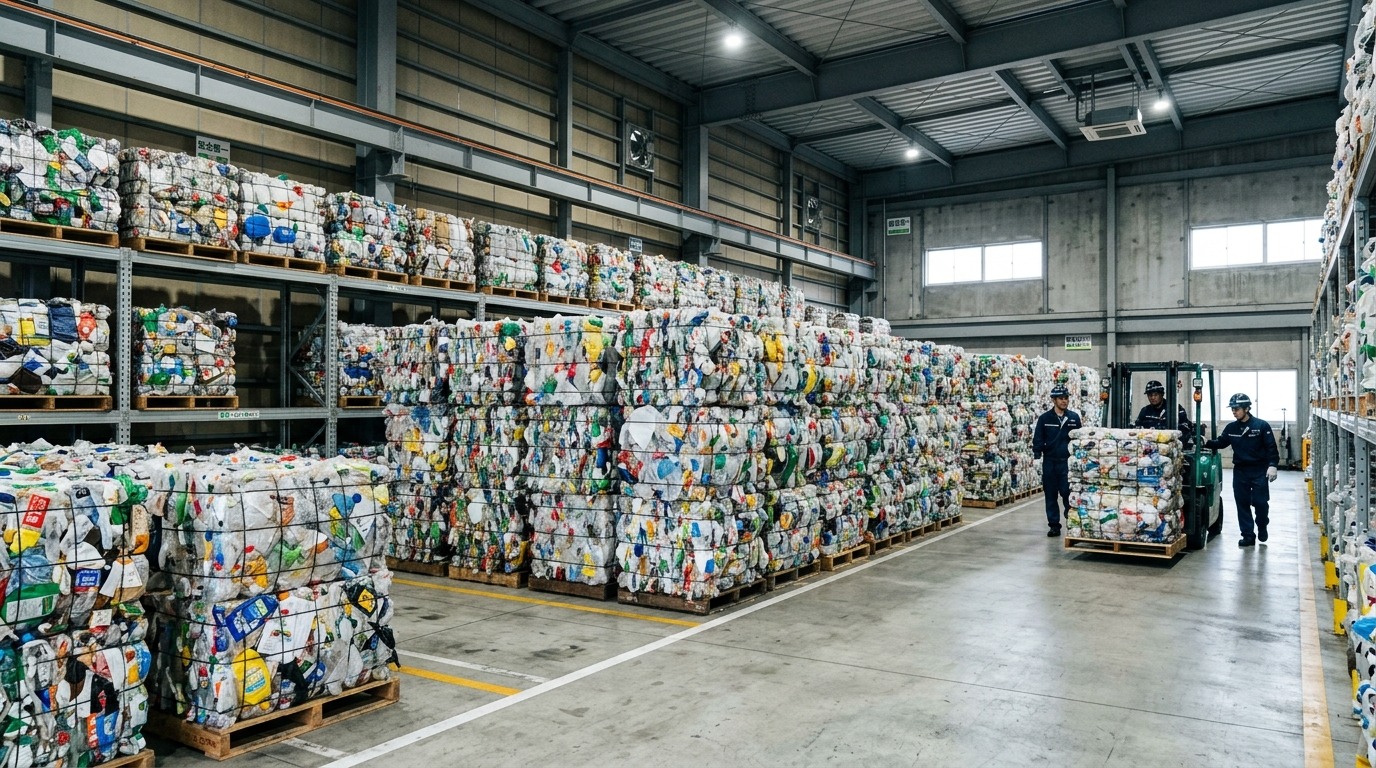 圧縮梱包された廃プラスチックのベールが整列して保管されている様子