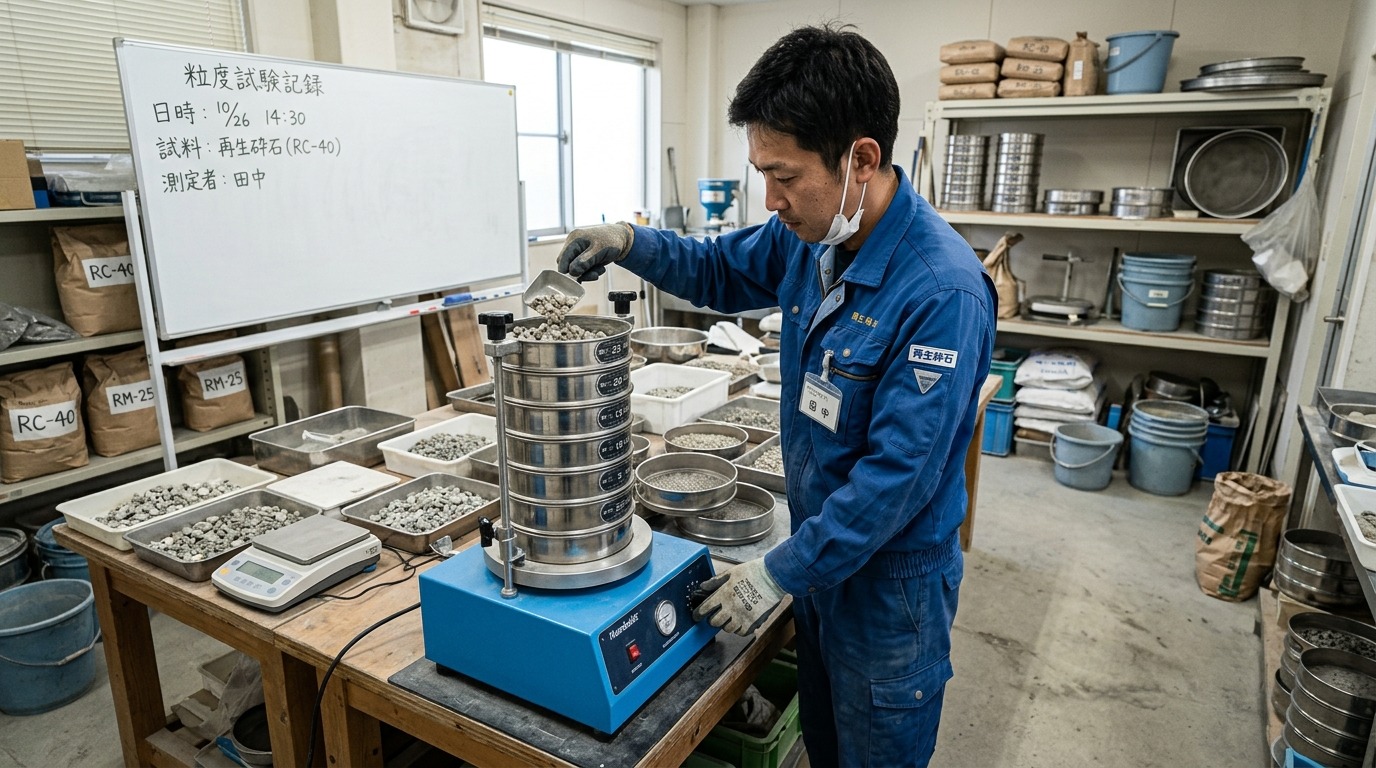 試験室でふるい分け試験機を操作して再生砕石の粒度試験を行う様子