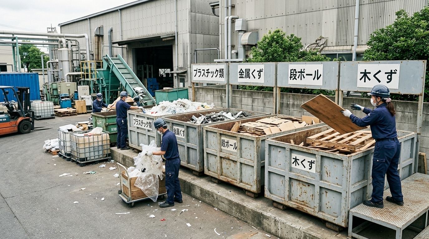 工場構内で産業廃棄物のコンテナが品目別に並び作業員が分別投入している様子