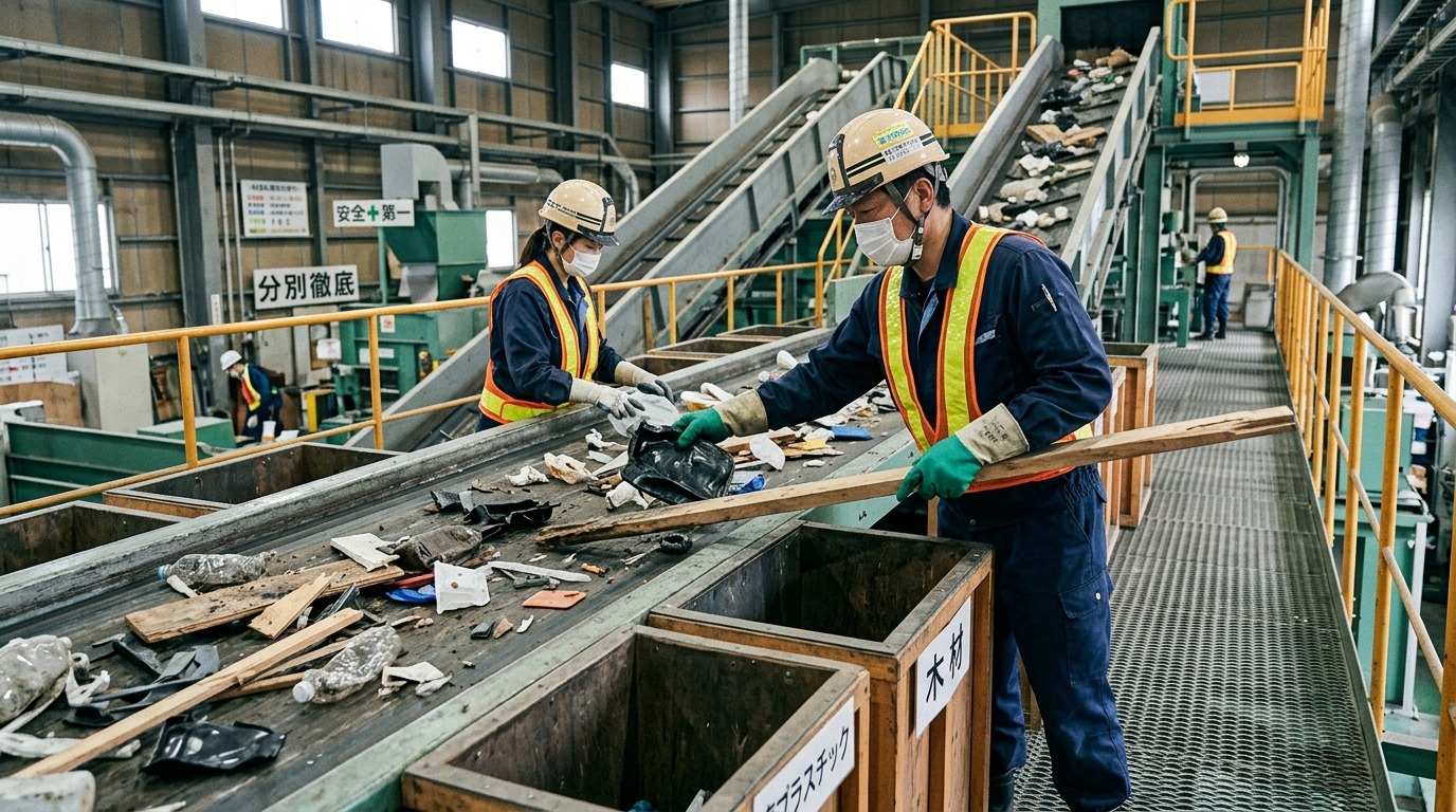 手選別ラインで作業員が廃プラスチックと木材を分別している様子