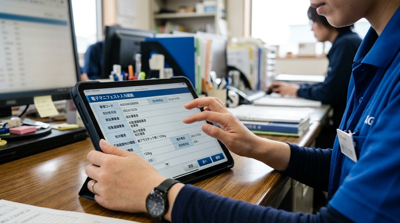 タブレット端末で電子マニフェストの入力画面を確認している事務スタッフの手元