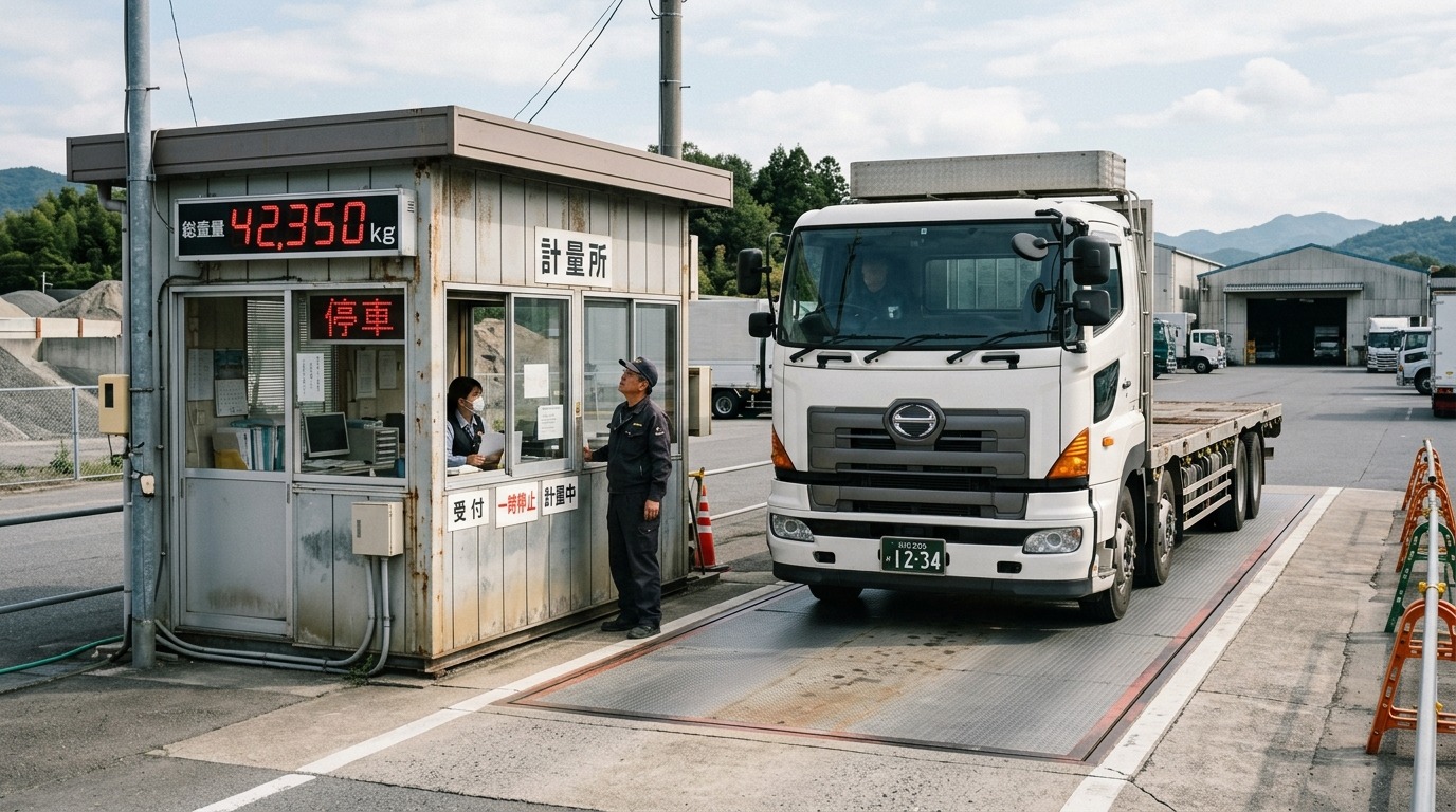 計量所でトラックがトラックスケールに乗り計量している様子